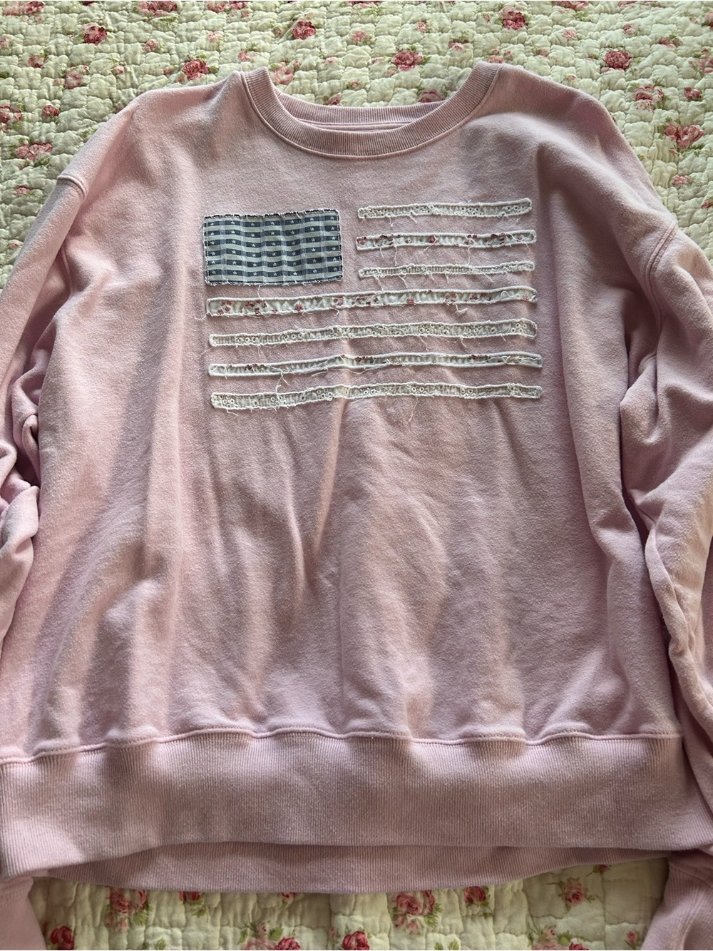 Hollister Pale Pink Crewneck Sweatshirt with Lace-Trim Flag